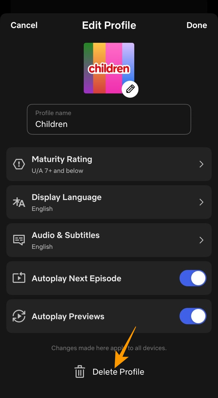 Netflix delete profile option on iOS