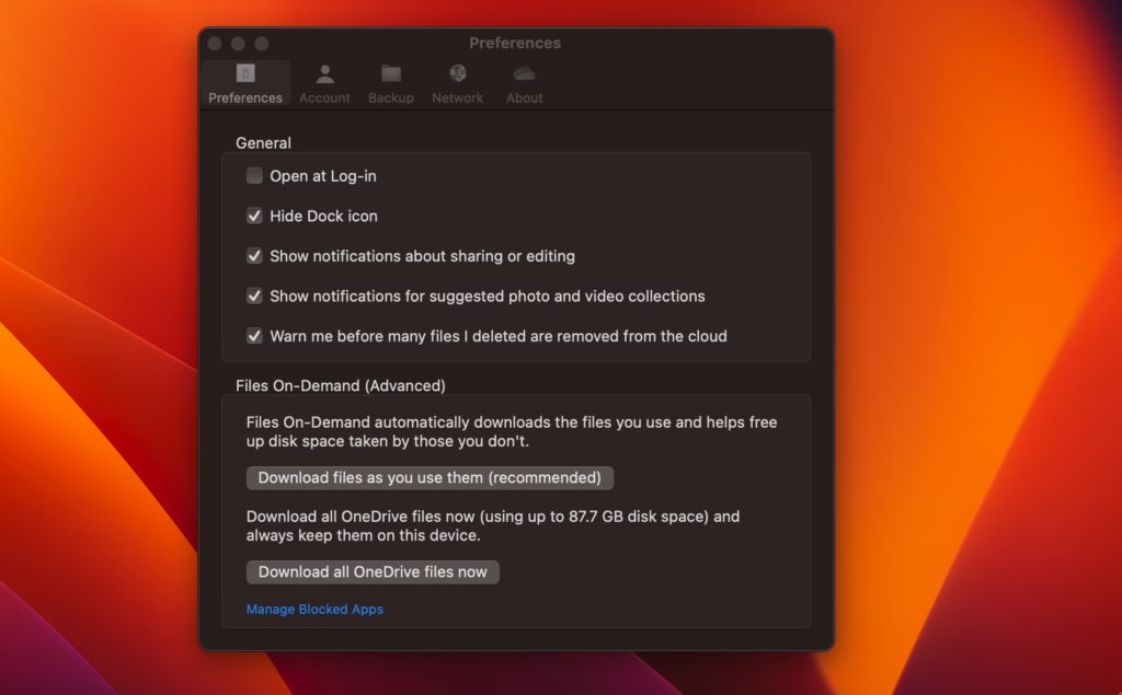 OneDrive Settings macOS