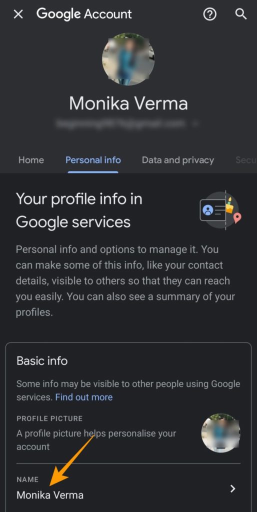 Personal info tab in Google account