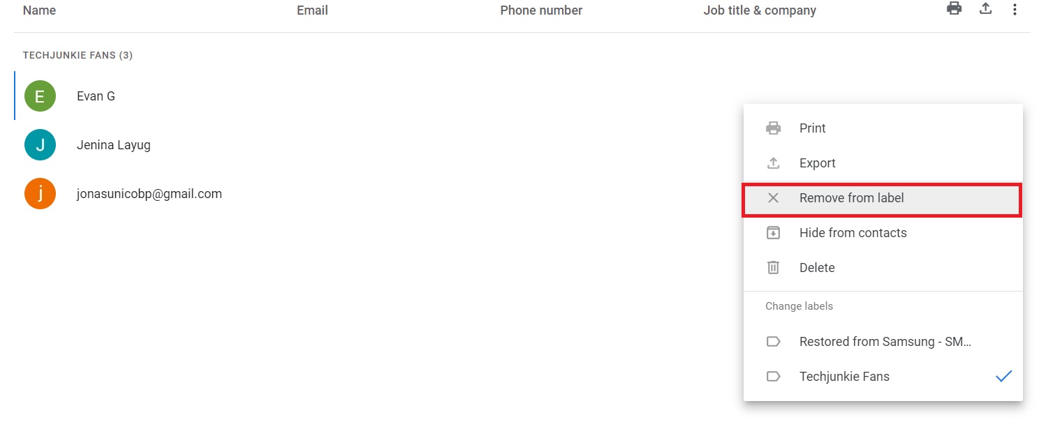 Remove from label contacts