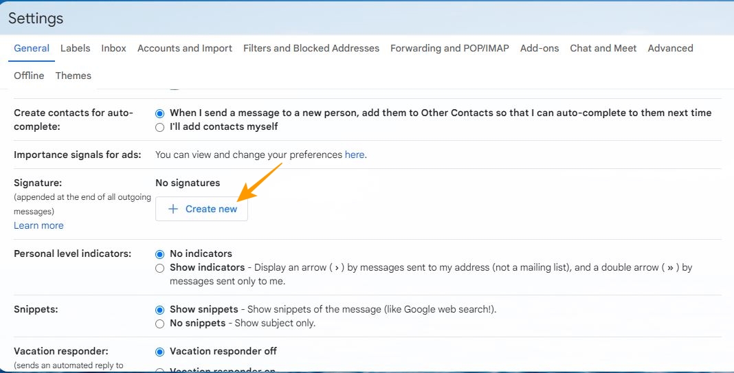 Create new signature option under Gmail settings
