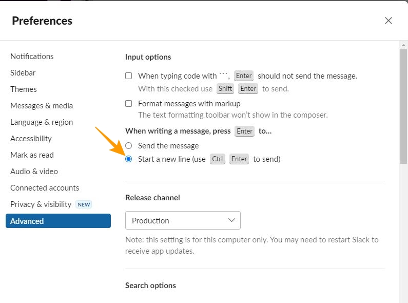 Slack Enter key preferences options