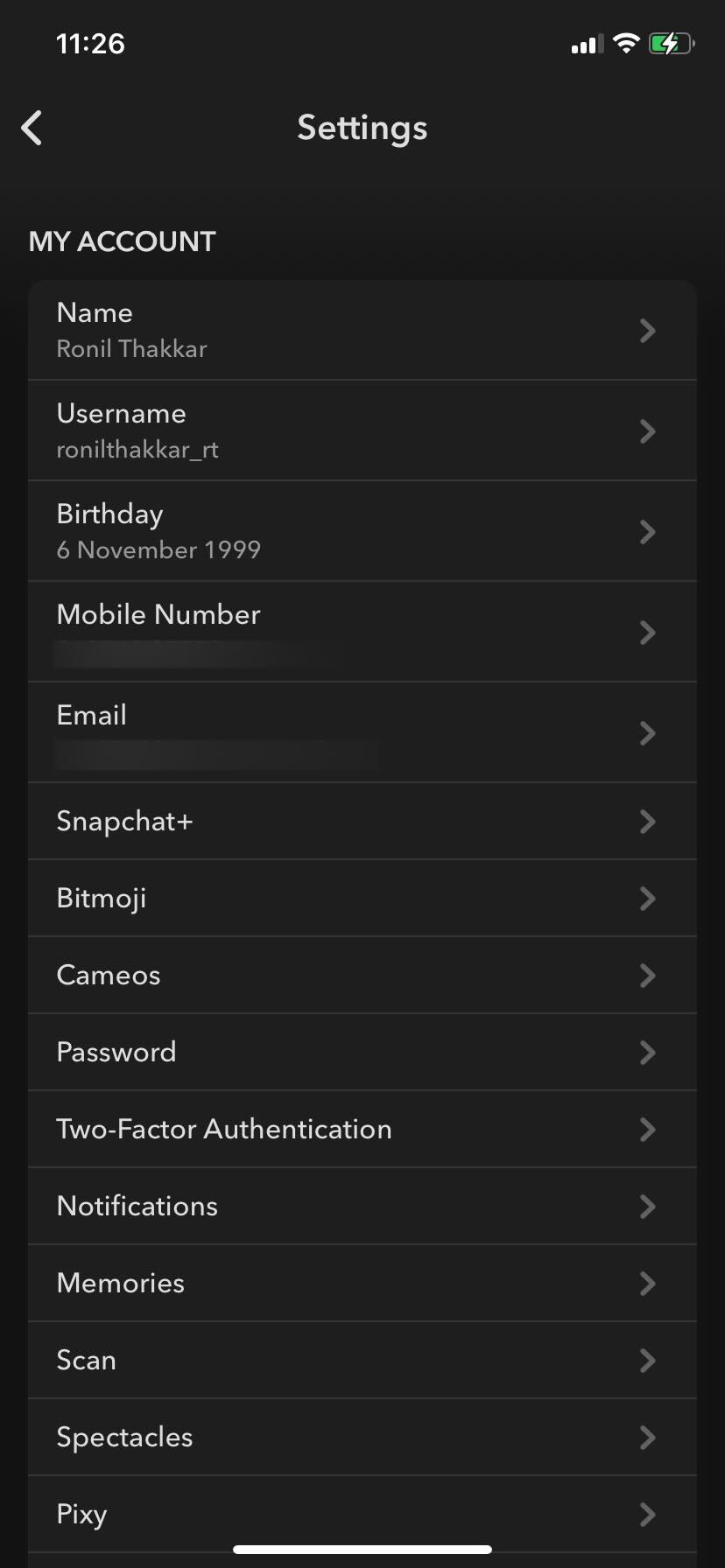 Snapchat account settings