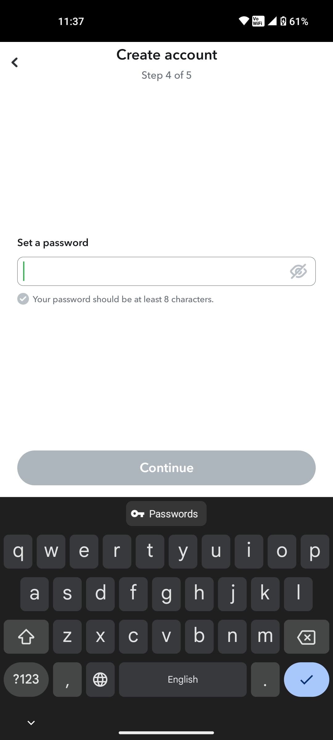 Snapchat enter password to create account