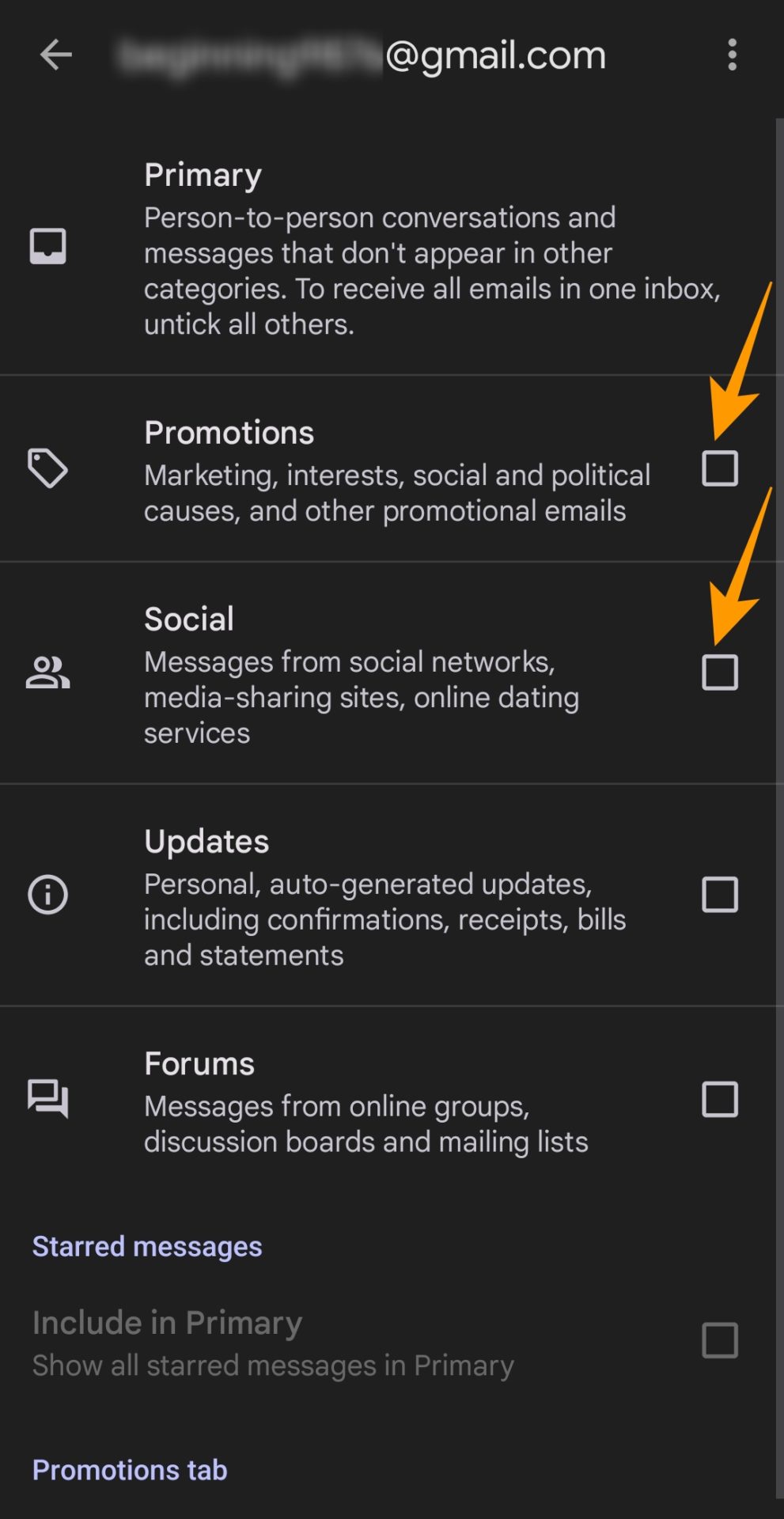 Social and promotions tab options in Gmail app