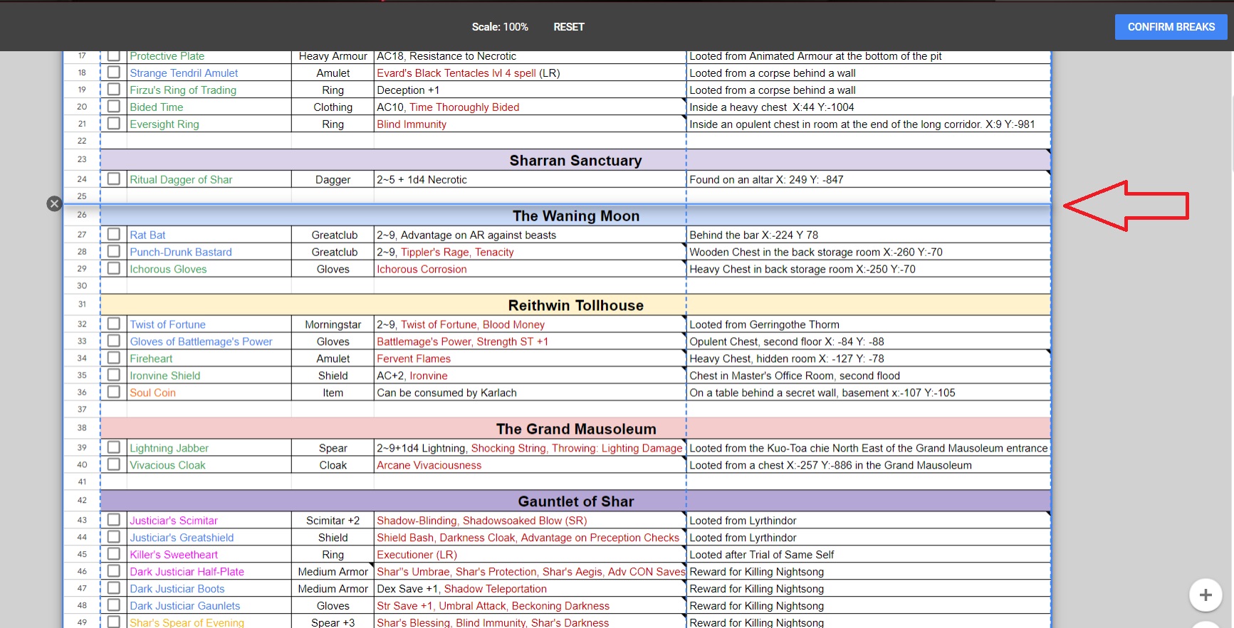 Spreadsheet Custom Breaks Lines