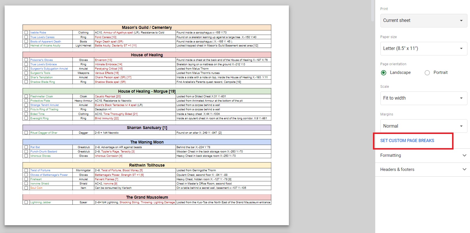 Spreadsheet Custom Page Breaks