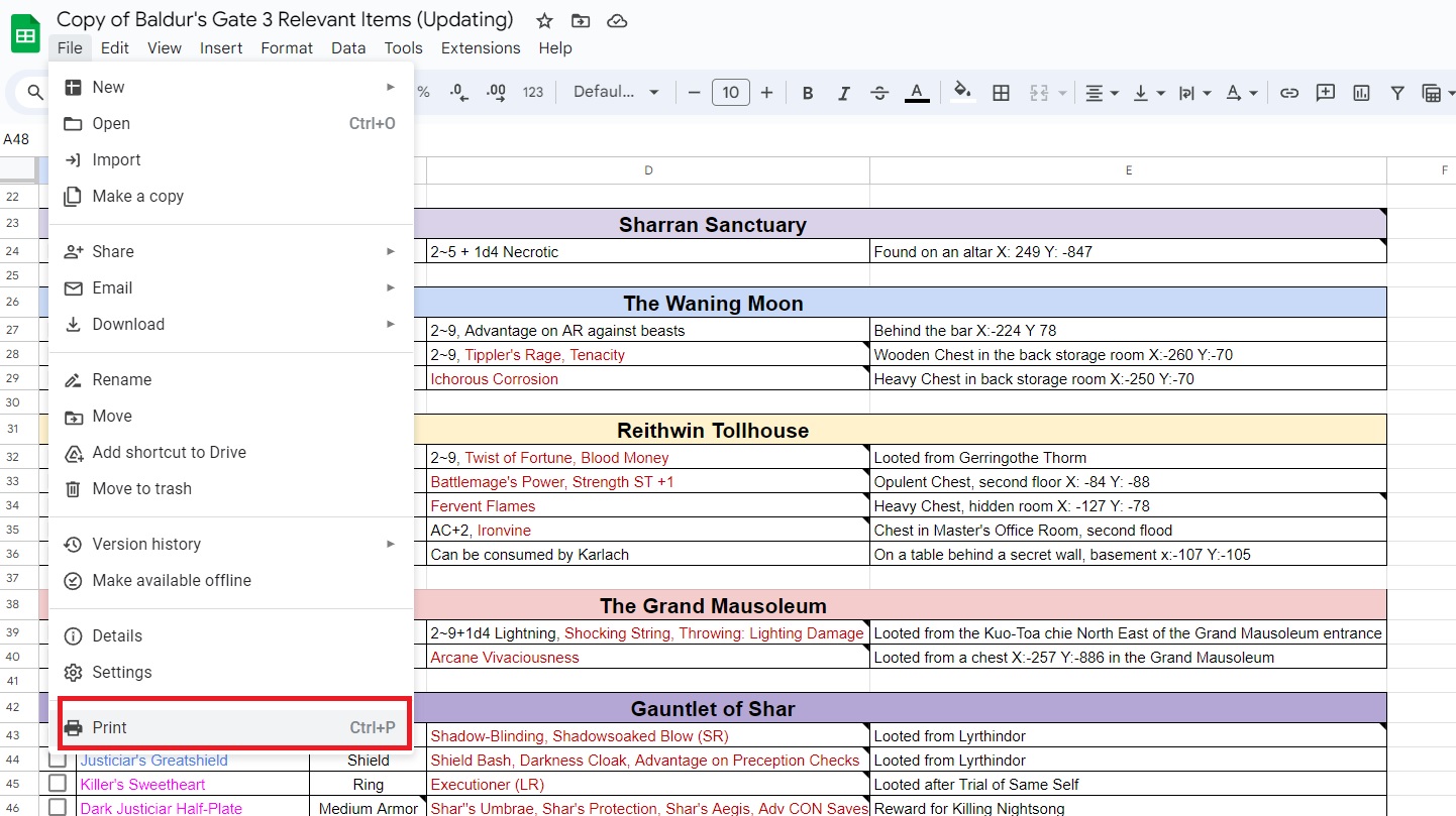 Spreadsheet Print