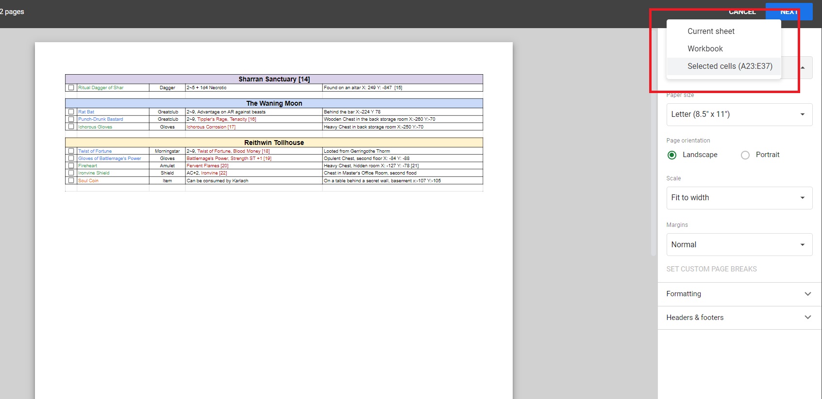 Spreadsheet Select Print Area