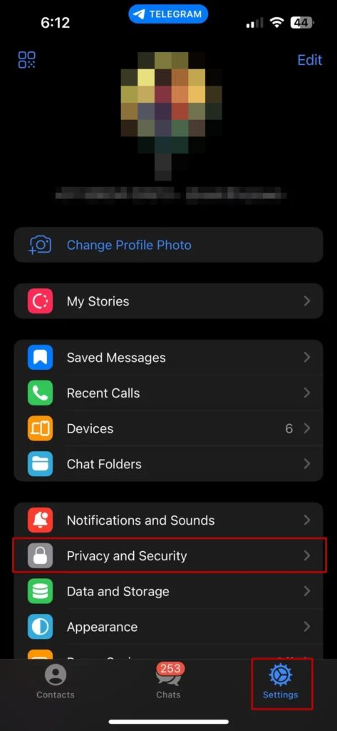 Telegram Profile screen