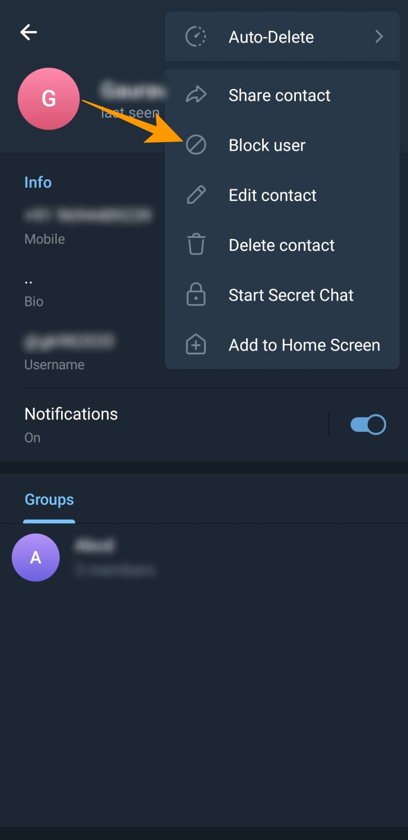 Telegram block user option on phone