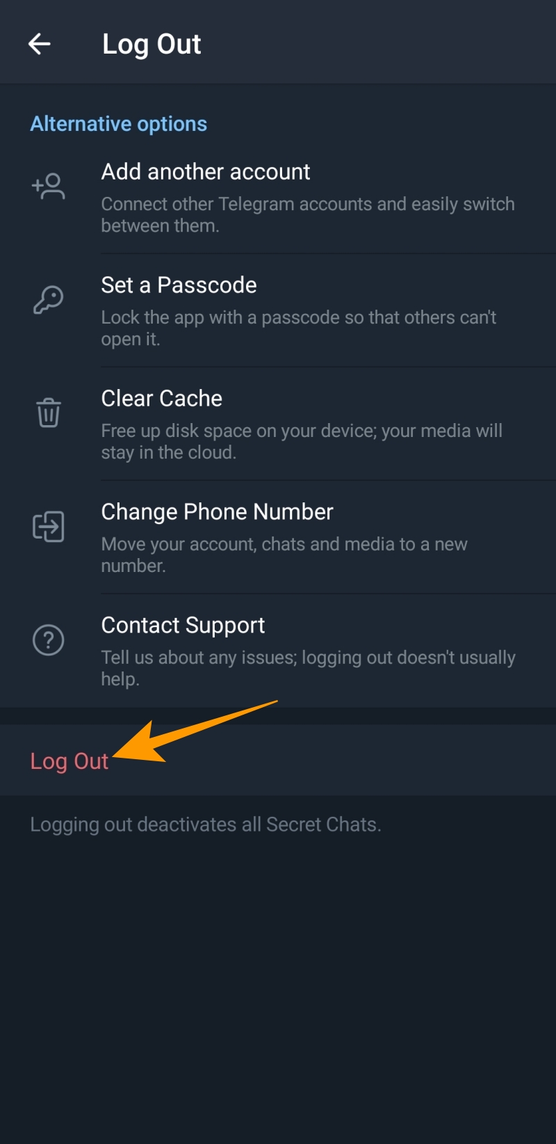 Telegram logout option on Android