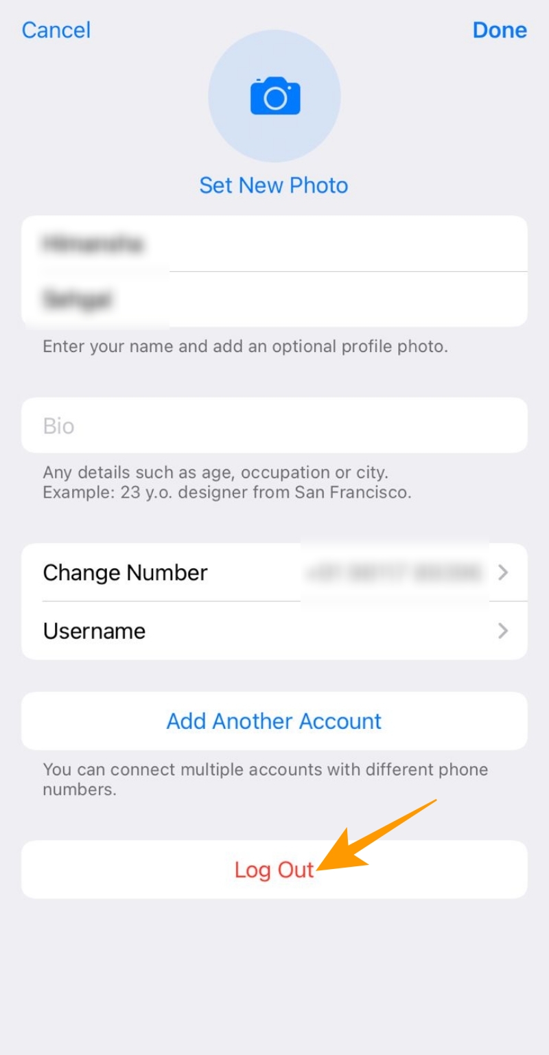 Telegram log out option on iPhone