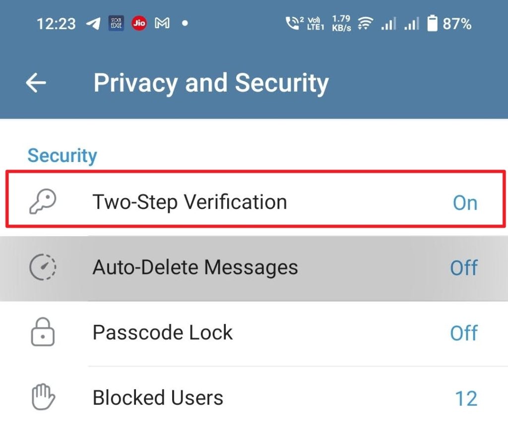 Two Step Verifcation Telegram Turned On