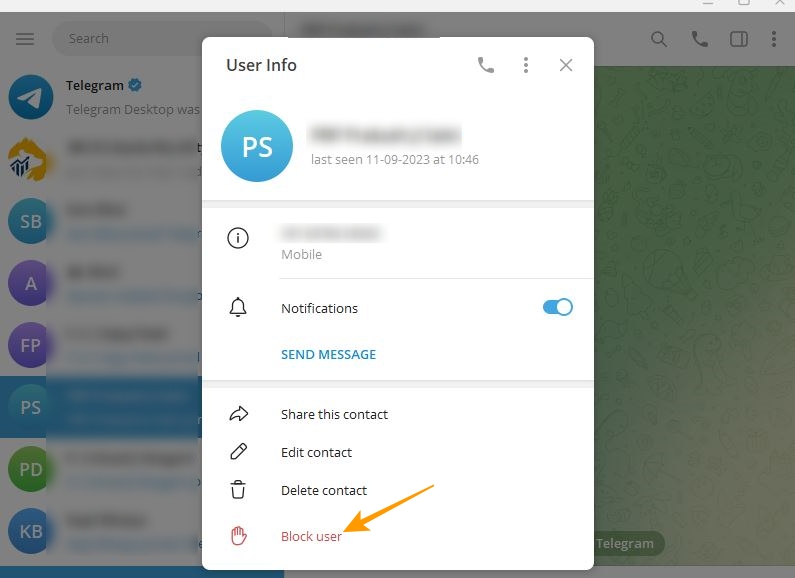 User info on Telegram desktop app