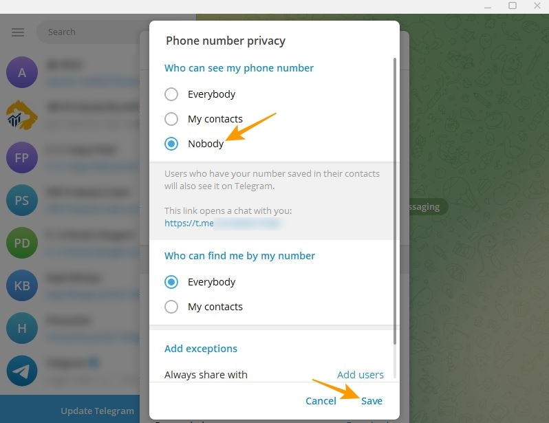 Who can see my phone number options on Telegram desktop app