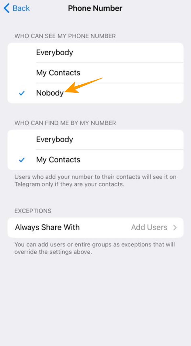 Who can see my phone number options on Telegram iOS