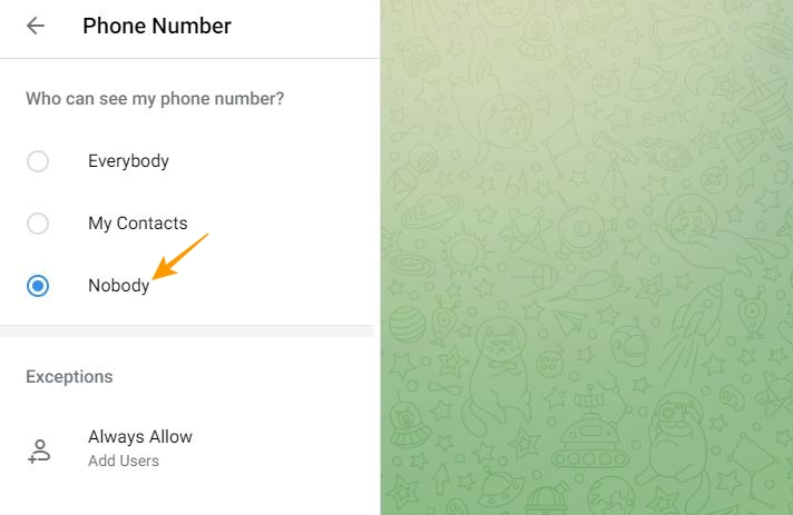 Who can see my phone number options on Telegram web