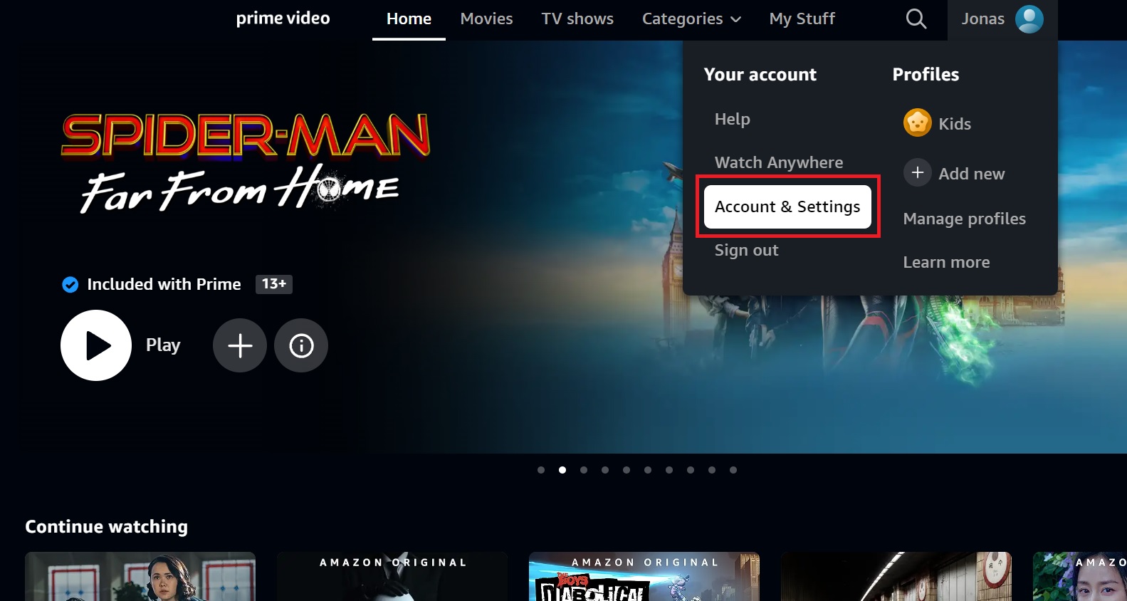 Account and Settings Amazon Prime