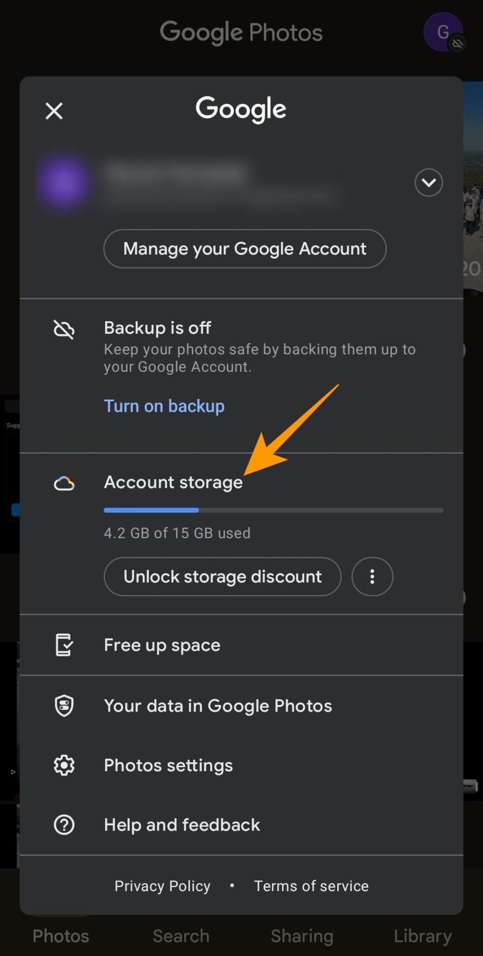 Account storage option on Google Photos