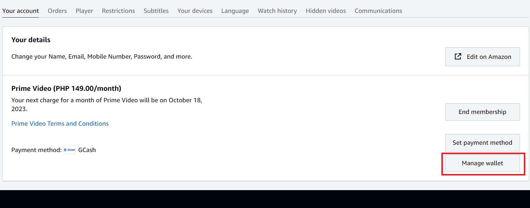 Amazon Prime Video Manage Wallet