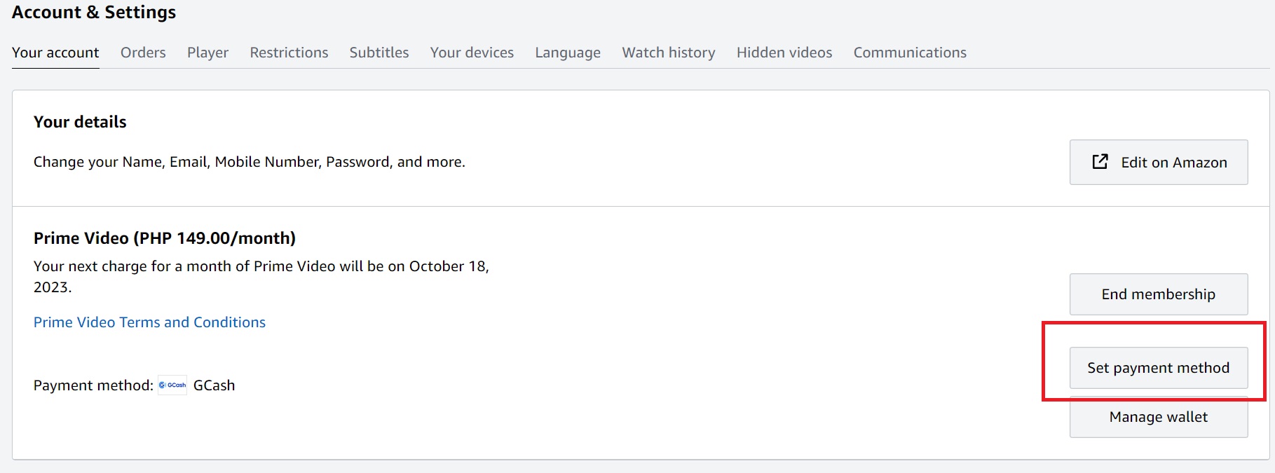 Amazon Prime Video Set Payment Method