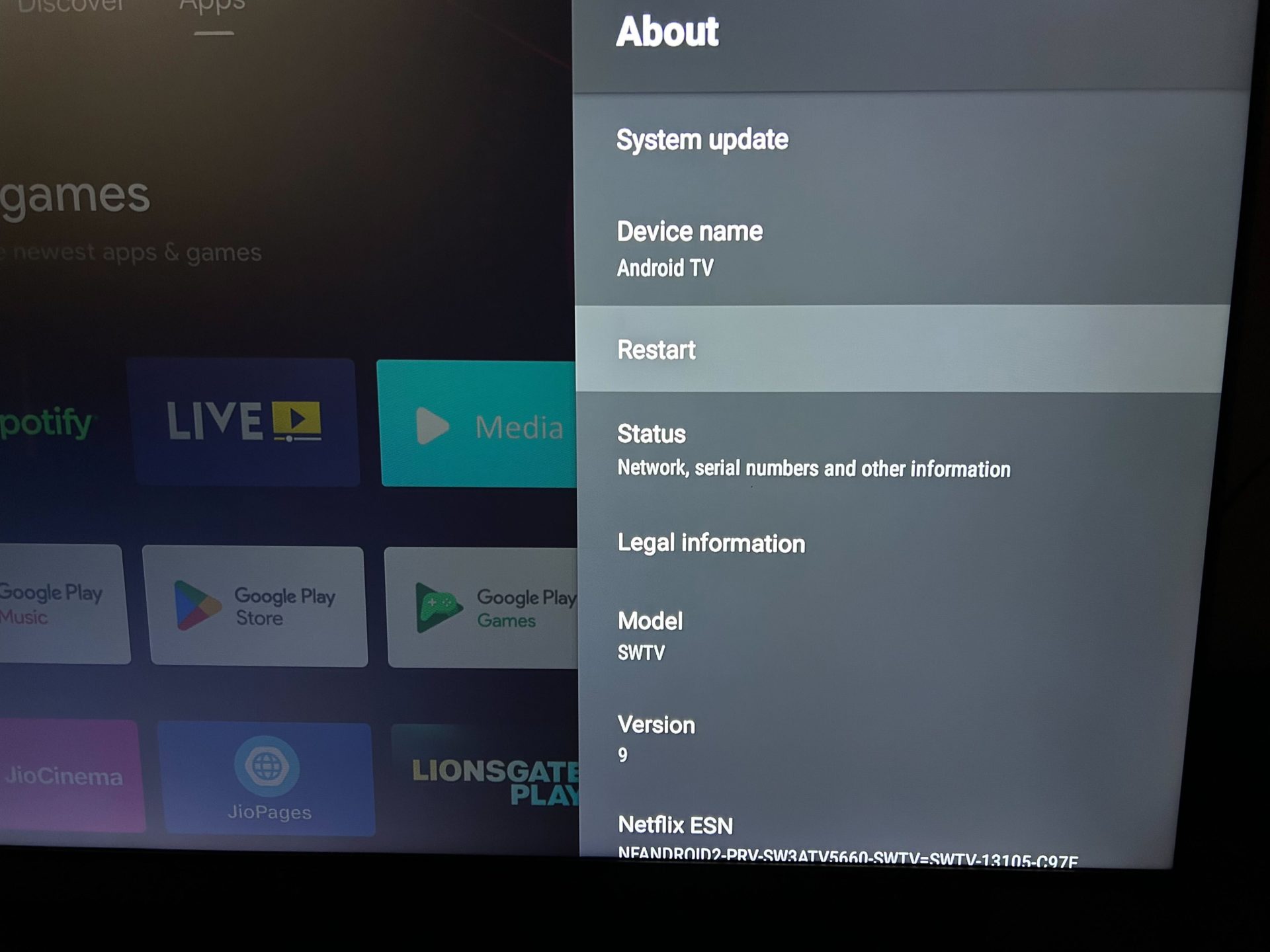 Android TV restart button