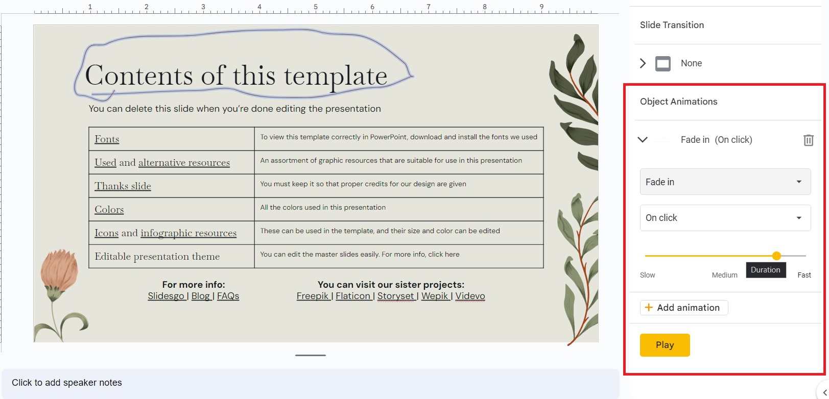 Animation settings on Google Slides