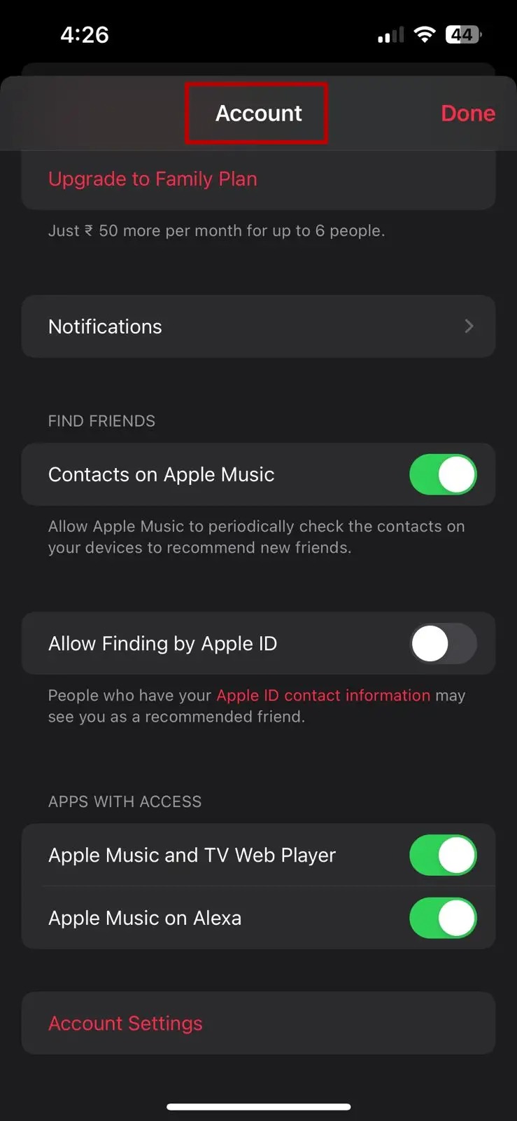 Apple Music Account Settings
