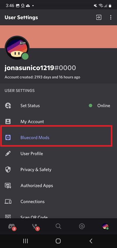 Bluecord Mods button on Discord mobile app