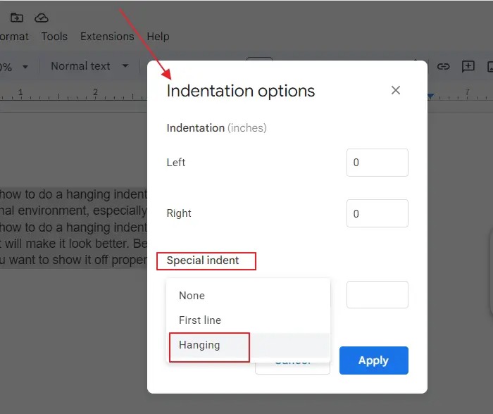 Choose Hanging Indent Option