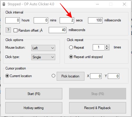 Click interval in OP Auto Clicker