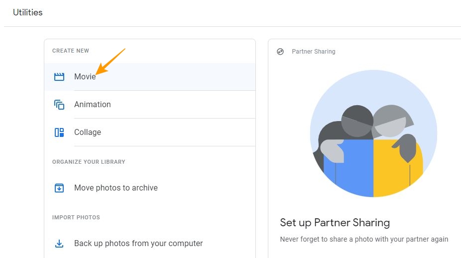 Create Movie option in Google Photos Web