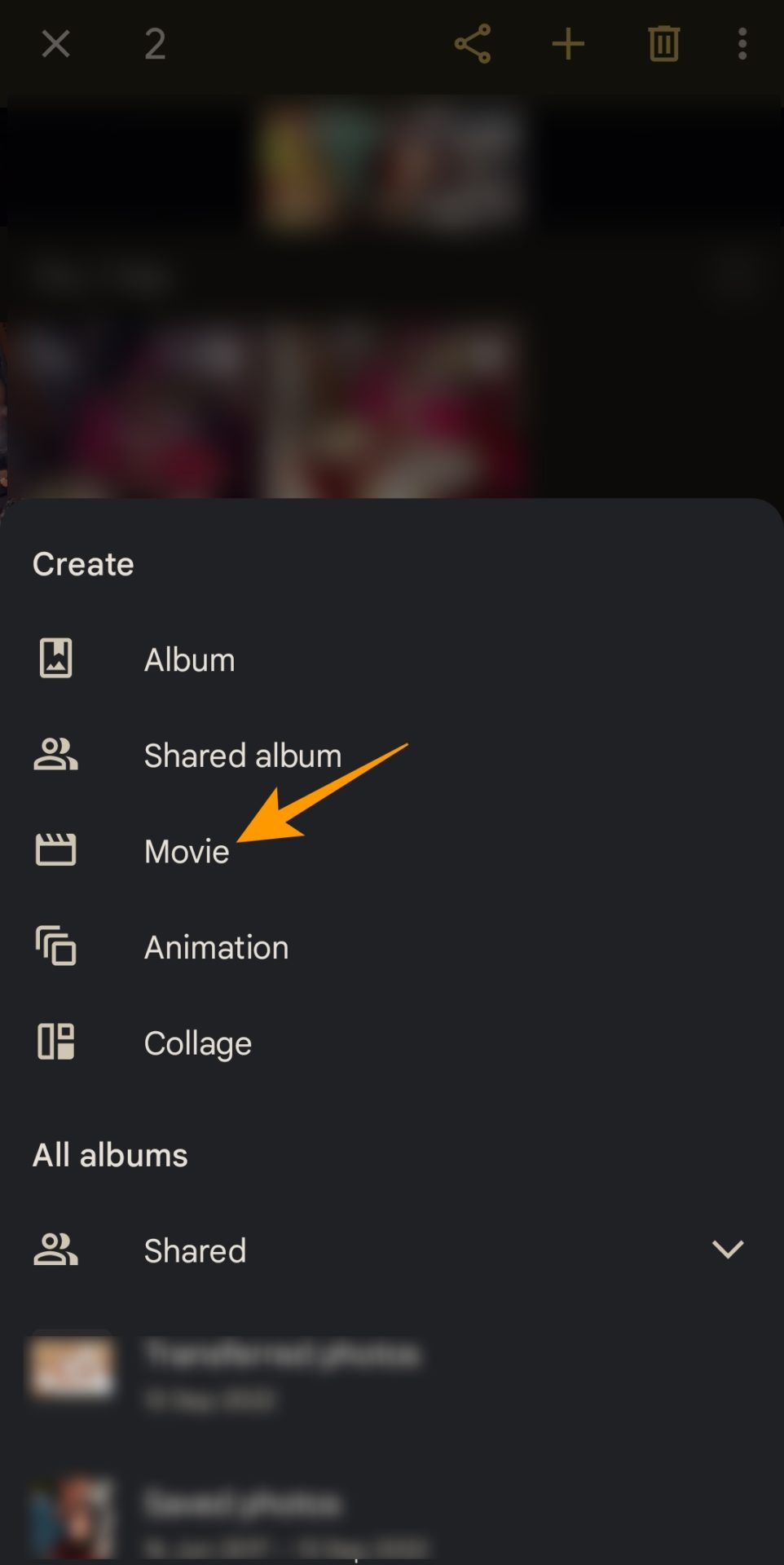 Create Movie option in Google Photos