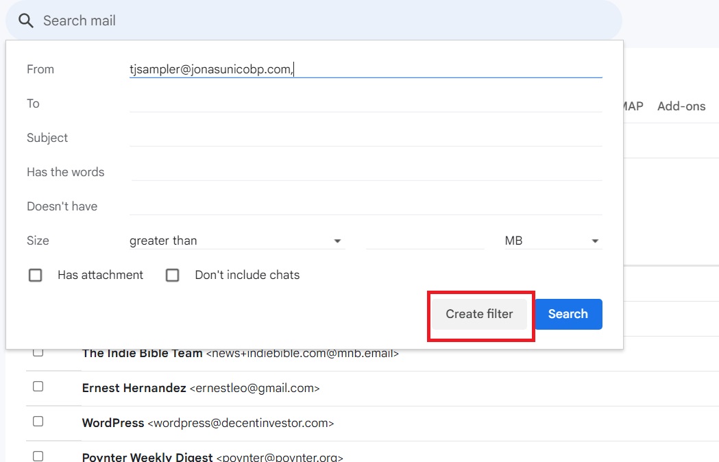 Create filter button in Gmail