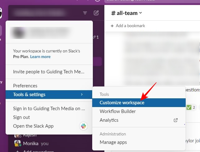 Customize workplace option on Slack website
