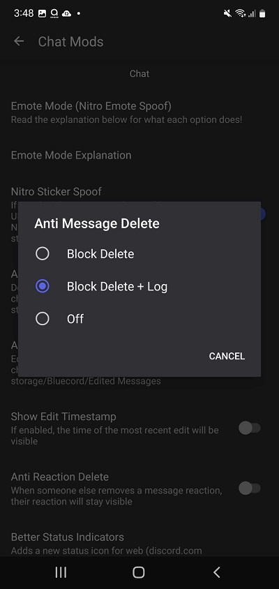 Enabled Block Message Delete on Bluecord App