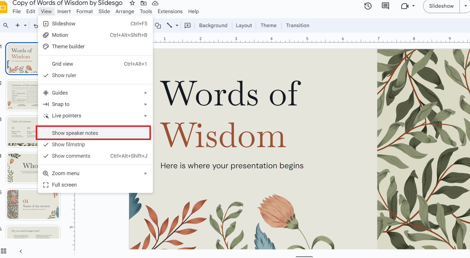 Enabling Speaker Notes in Google Slides