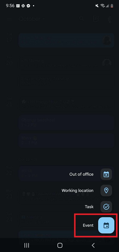 Event button in Google Calendar