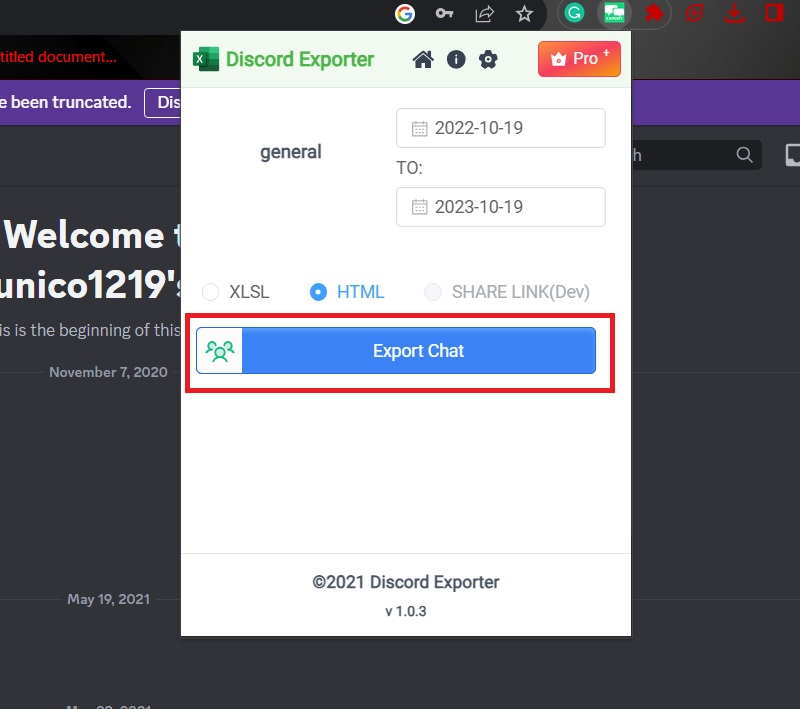 Export Chat Button on Discord Export App