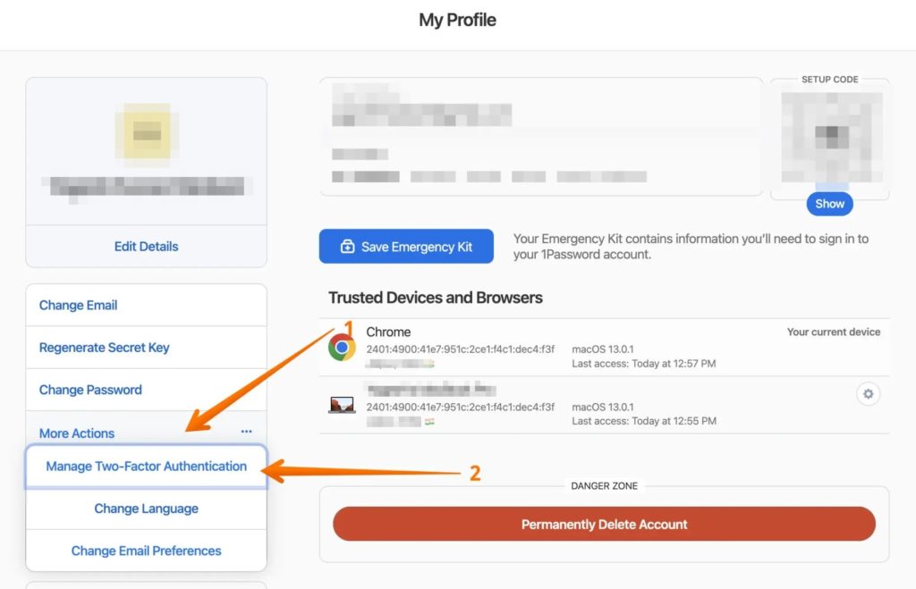 Find Two Factor Authentication Settings in 1Password