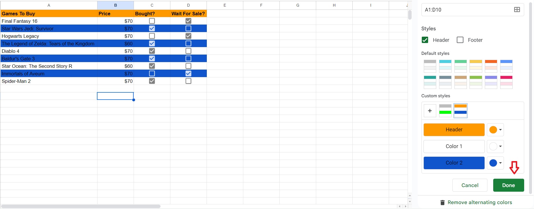 Finish Alternating Colors Spreadsheet