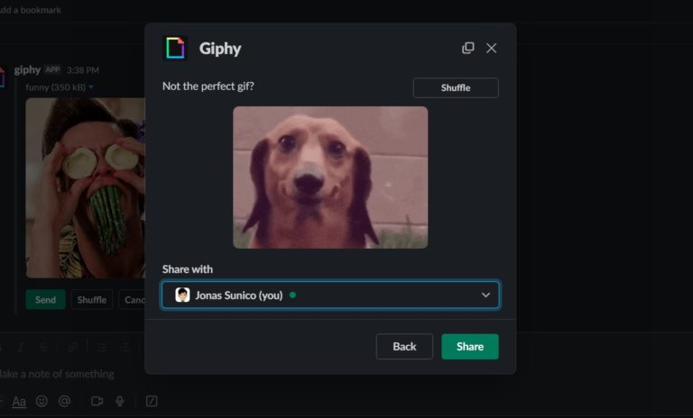 A screenshot showing the Giphy menu search bar within Slack, ready to discover animated expressions.