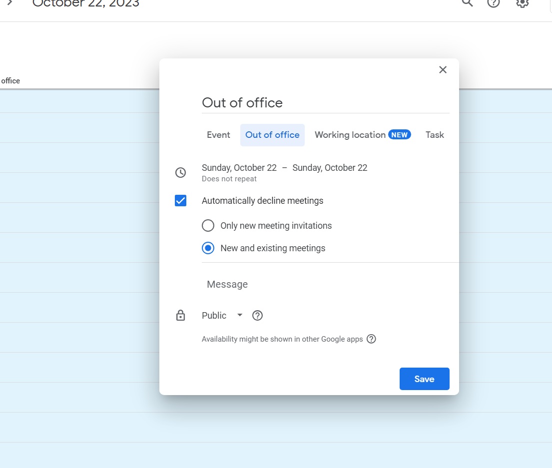 Google Calendar Out of Office Menu