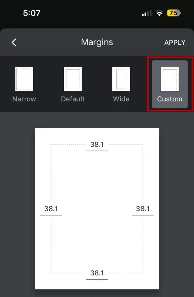 Custom margins Google Docs Phone