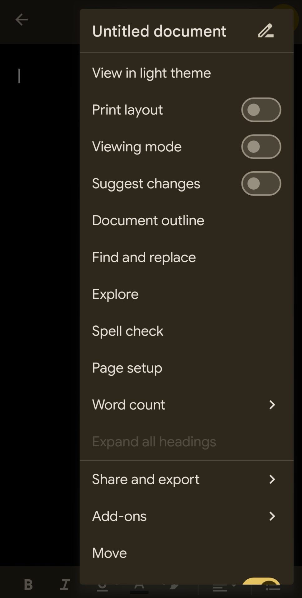 Google Docs Page setup option on Mobile app