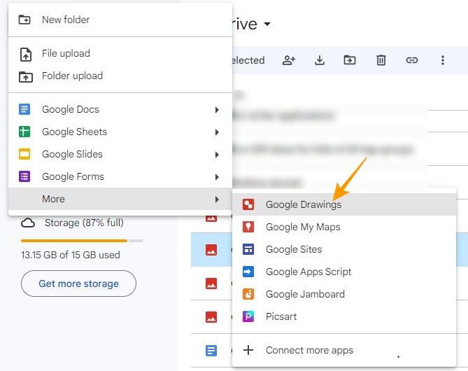 Google Drawings option on Google Drive