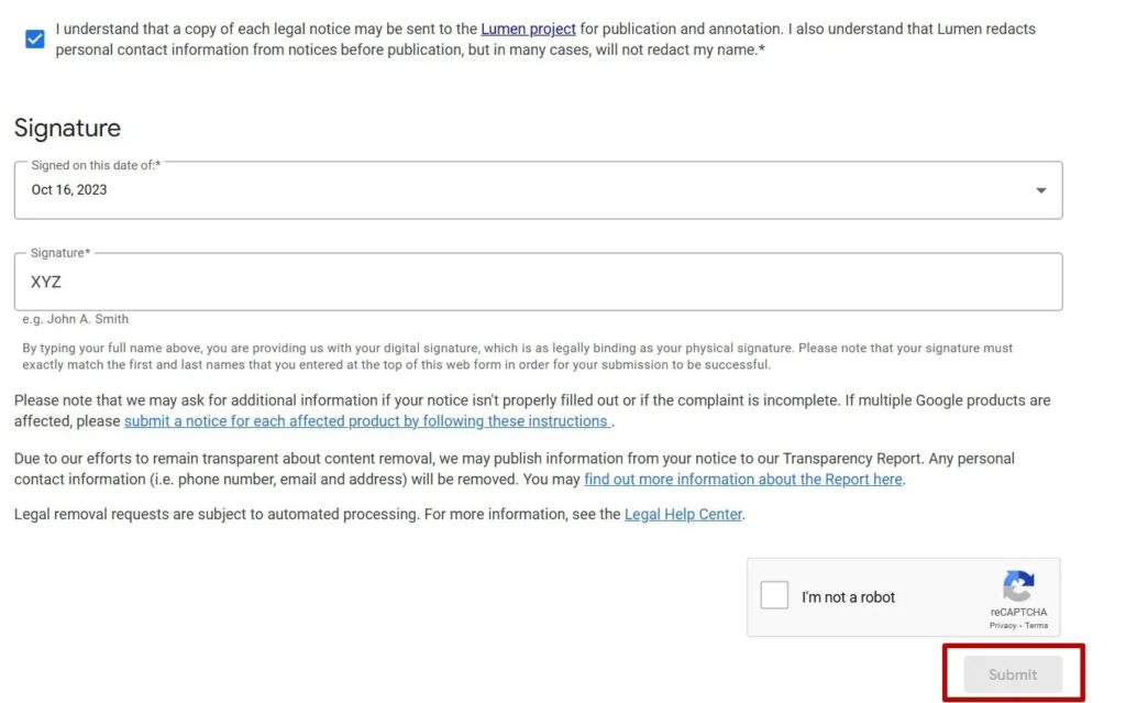 Google Legal Content Submit