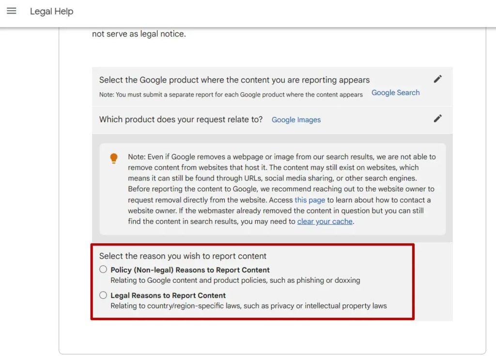 Google Legal Select Reason