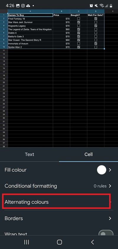 Google Sheets Alternating Colors Mobile